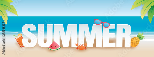 Summer party invitation banner with decoration origami. Paper art and craft style. Vector illustration of life ring, ice cream, camera, watermelon, sunglasses.