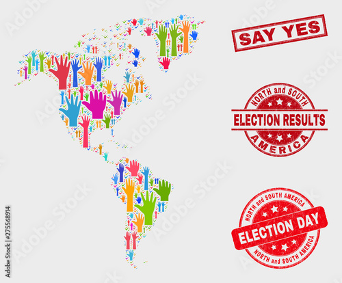 Election South and North America map and watermarks. Red rectangular Say Yes scratched seal. Colored South and North America map mosaic of raised up selection hands.