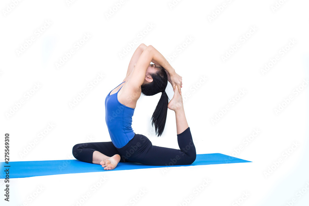 Beautiful Asia girl practicing yoga on isolated white background : Concept practicing