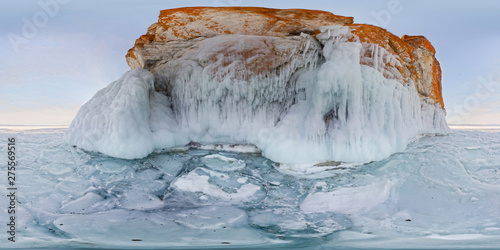 icy rocks of Olkhon Island are Lake Baikal. Spherical 360 180 vr panorama photo