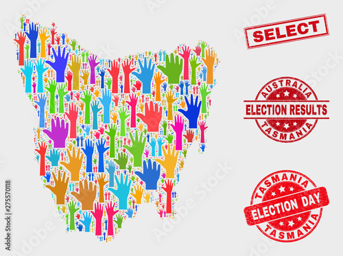 Election Tasmania Island map and seal stamps. Red rectangle Select textured stamp. Colorful Tasmania Island map mosaic of raised solution hands. Vector composition for election day,