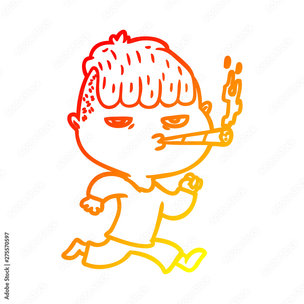 warm gradient line drawing cartoon man smoking whilst running