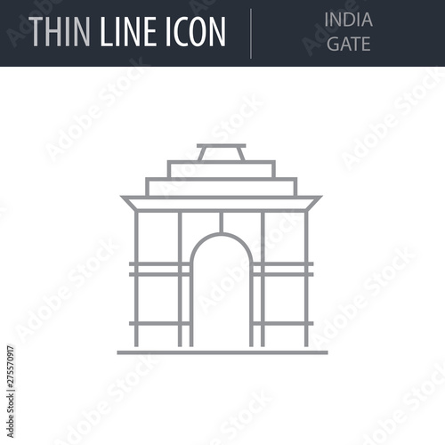 Symbol of India Gate. Thin line Icon of Landmark Set. Stroke Pictogram Graphic for Web Design. Quality Outline Vector Symbol Concept. Premium Mono Linear Beautiful Plain Laconic Logo