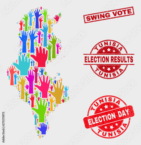 Voting Tunisia map and seal stamps. Red rectangular Swing Vote textured seal. Colored Tunisia map mosaic of raised up election arms. Vector combination for election day, and ballot results.
