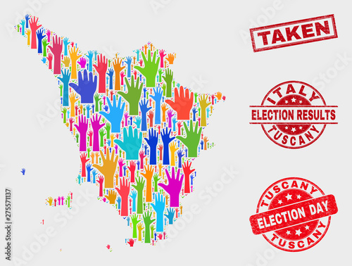 Democracy Tuscany region map and seals. Red rectangle Taken distress seal. Bright Tuscany region map mosaic of raised referendum arms. Vector collage for election day, and referendum results.