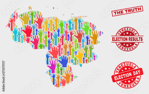 Voting Venezuela map and seal stamps. Red rectangular The Truth distress watermark. Bright Venezuela map mosaic of raised voting hands. Vector combination for election day, and referendum results.