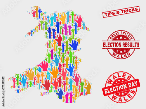 Election Wales map and seal stamps. Red rectangle Tips & Tricks grunge watermark. Colorful Wales map mosaic of raised referendum hands. Vector collage for election day, and referendum results.