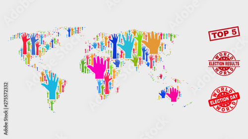 Ballot world map and seal stamps. Red rectangular Top 5 textured seal stamp. Bright world map mosaic of upwards referendum hands. Vector collage for election day, and ballot results.