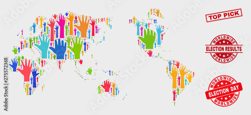 Election worldwide map and seal stamps. Red rectangle Top Pick grunge seal stamp. Colorful worldwide map mosaic of upwards voting hands. Vector collage for election day, and referendum results.