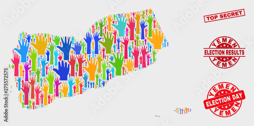 Poll Yemen map and seal stamps. Red rectangle Top Secret scratched seal stamp. Colored Yemen map mosaic of raised voting arms. Vector composition for election day, and ballot results.
