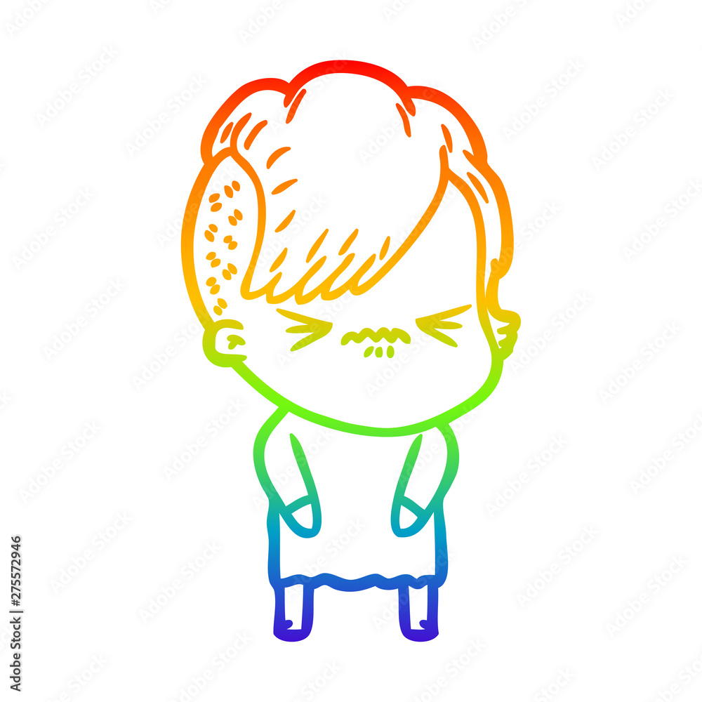 Obraz premium rainbow gradient line drawing cartoon annoyed hipster girl