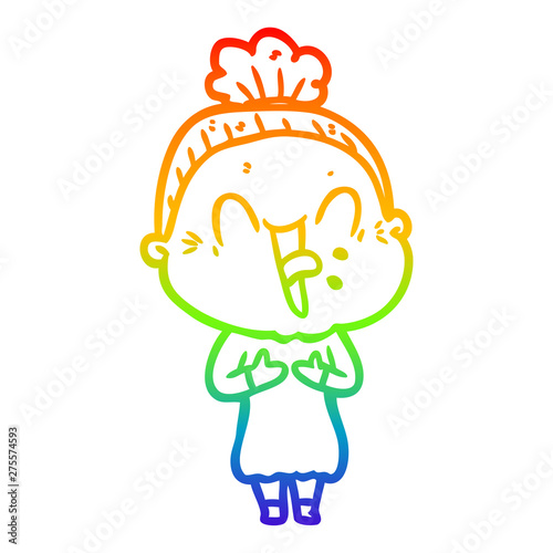 rainbow gradient line drawing cartoon happy old woman