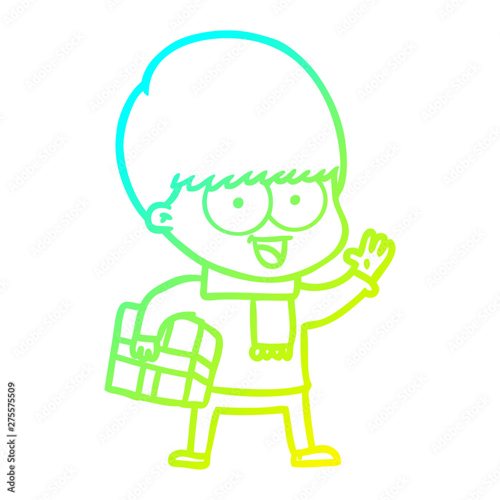cold gradient line drawing happy cartoon boy with present