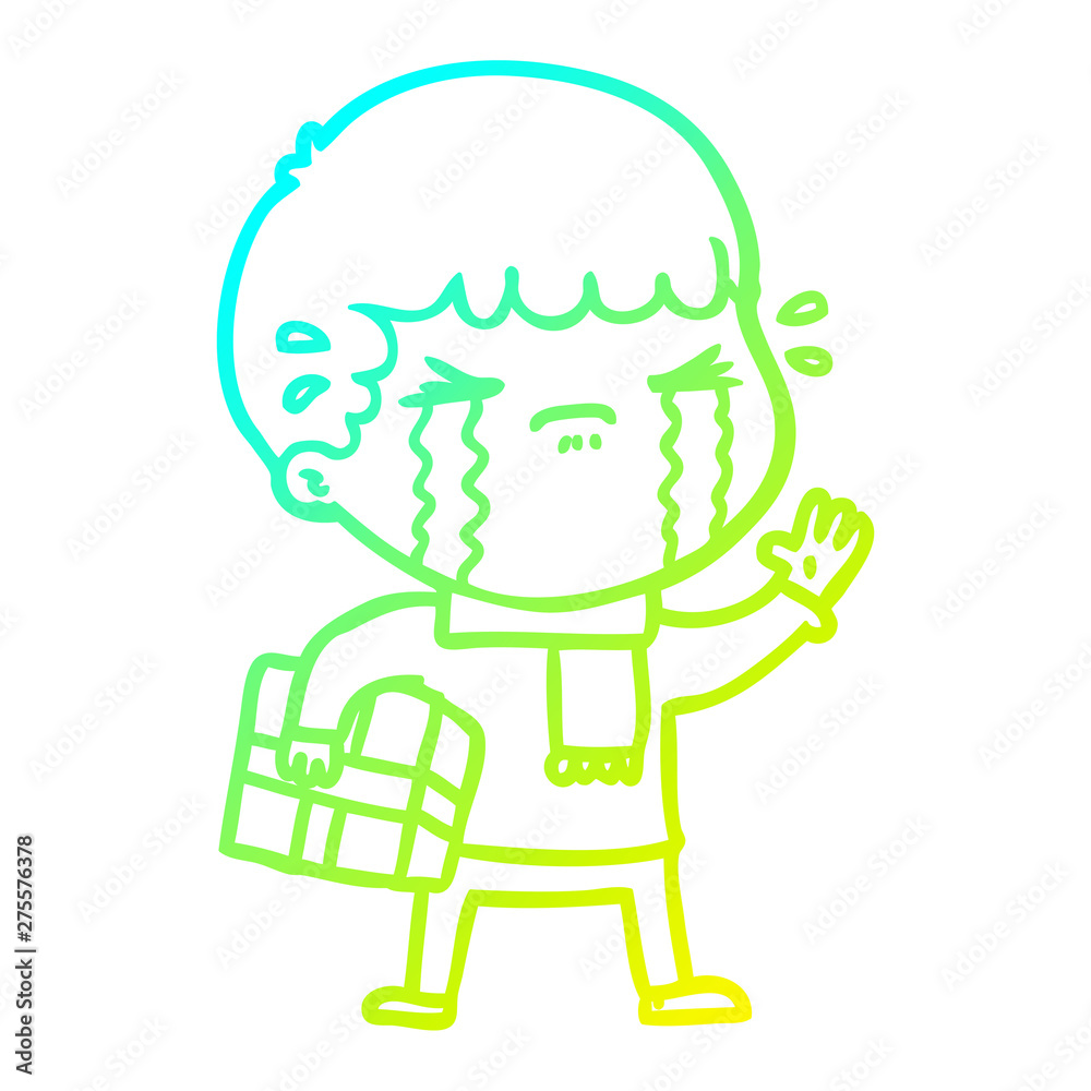 cold gradient line drawing cartoon man crying