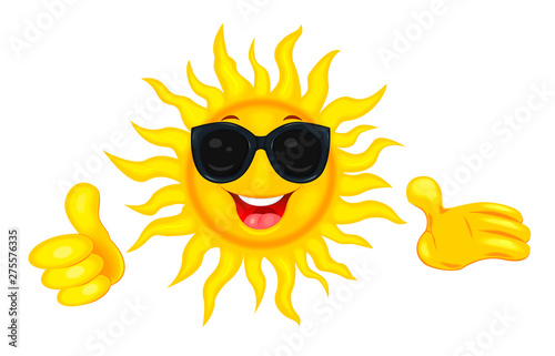 Happy sun in sunglasses. A merry cartoon sun in protective glasses from the sun. A cheerful cartoon sun on a white background. Smiling sun and hands with a finger raised up