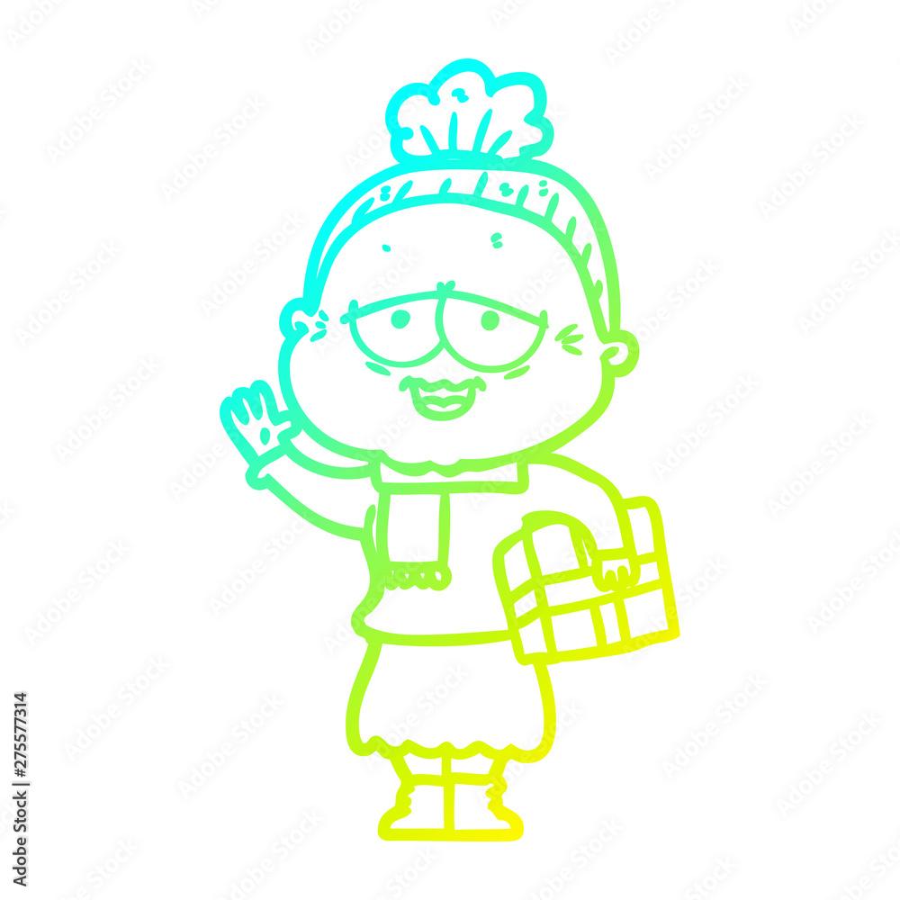 cold gradient line drawing cartoon happy old lady