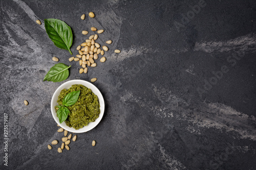 Pesto sause with basil leaves and pine nuts