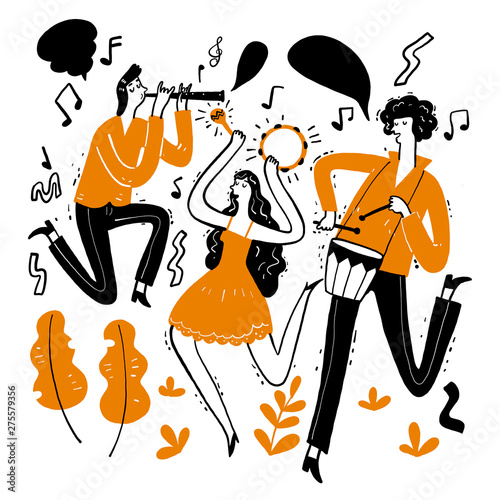 Hand drawing the musicians playing music.