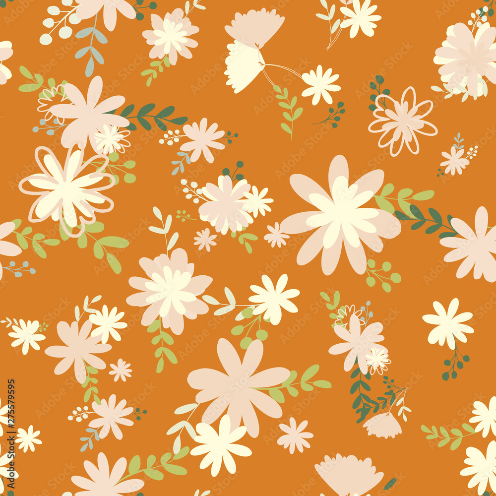 Retro pattern of bouquets of simple, clear, ordinary flowers in Victorian colors