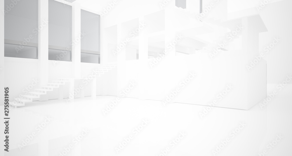 Abstract architectural white interior of a minimalist house with large windows.. 3D illustration and rendering. Abstract architectural white interior of a minimalist house with large windows.. 3D illustration and rendering.
