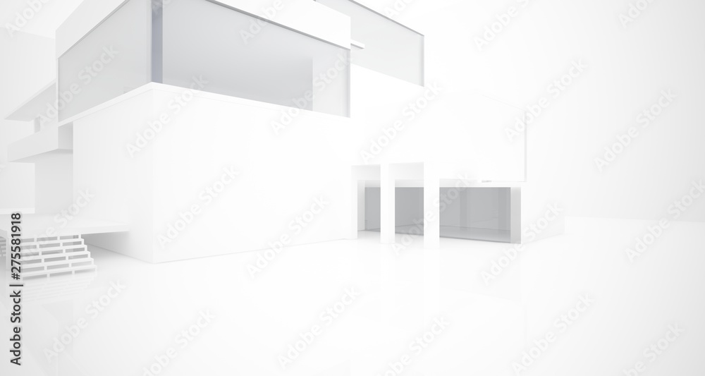Abstract architectural white interior of a minimalist house with large windows.. 3D illustration and rendering. Abstract architectural white interior of a minimalist house with large windows.. 3D illustration and rendering.