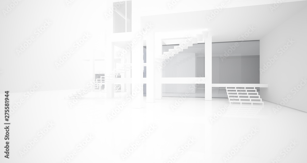 Abstract architectural white interior of a minimalist house with large windows.. 3D illustration and rendering. Abstract architectural white interior of a minimalist house with large windows.. 3D illustration and rendering.