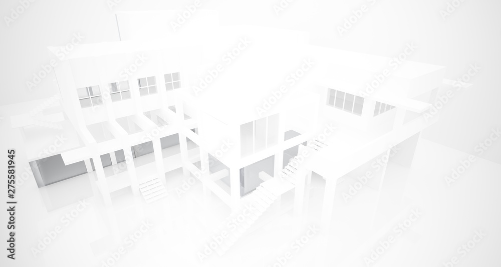 Abstract architectural white interior of a minimalist house with large windows.. 3D illustration and rendering. Abstract architectural white interior of a minimalist house with large windows.. 3D illustration and rendering.
