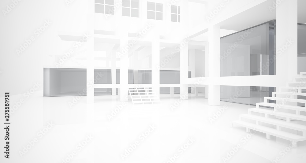 Abstract architectural white interior of a minimalist house with large windows.. 3D illustration and rendering. Abstract architectural white interior of a minimalist house with large windows.. 3D illustration and rendering.