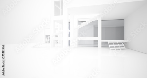 Abstract architectural white interior of a minimalist house with large windows.. 3D illustration and rendering. © SERGEYMANSUROV