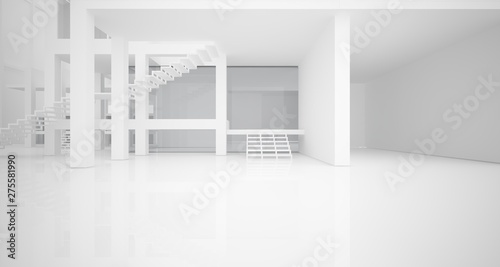 Abstract architectural white interior of a minimalist house with large windows.. 3D illustration and rendering. © SERGEYMANSUROV