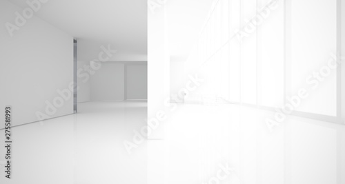 Abstract architectural white interior of a minimalist house with large windows.. 3D illustration and rendering.