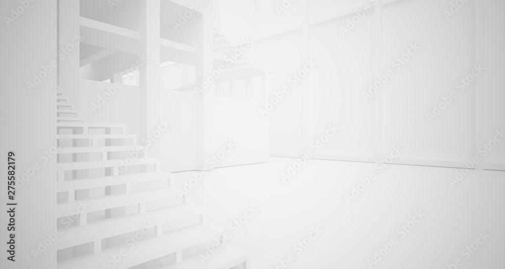 Obraz premium Abstract architectural white interior of a minimalist house with large windows.. 3D illustration and rendering.