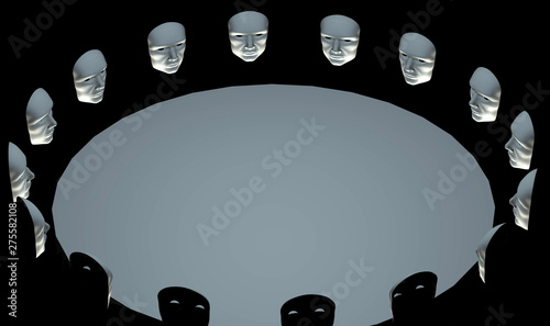 3D rendering.  People in a mask at the table. Freemasonry.