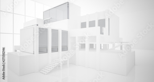 Abstract architectural white interior of a minimalist house with large windows.. 3D illustration and rendering.