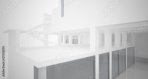 Abstract architectural white interior of a minimalist house with large windows.. 3D illustration and rendering.