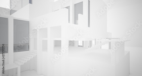 Abstract architectural white interior of a minimalist house with large windows.. 3D illustration and rendering.