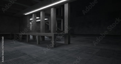Fototapeta Naklejka Na Ścianę i Meble -  Abstract architectural concrete interior of a minimalist house with neon lighting. 3D illustration and rendering.