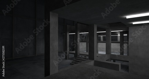 Abstract architectural concrete interior of a minimalist house with neon lighting. 3D illustration and rendering. © SERGEYMANSUROV