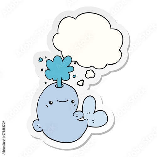 cartoon whale spouting water and thought bubble as a printed sticker