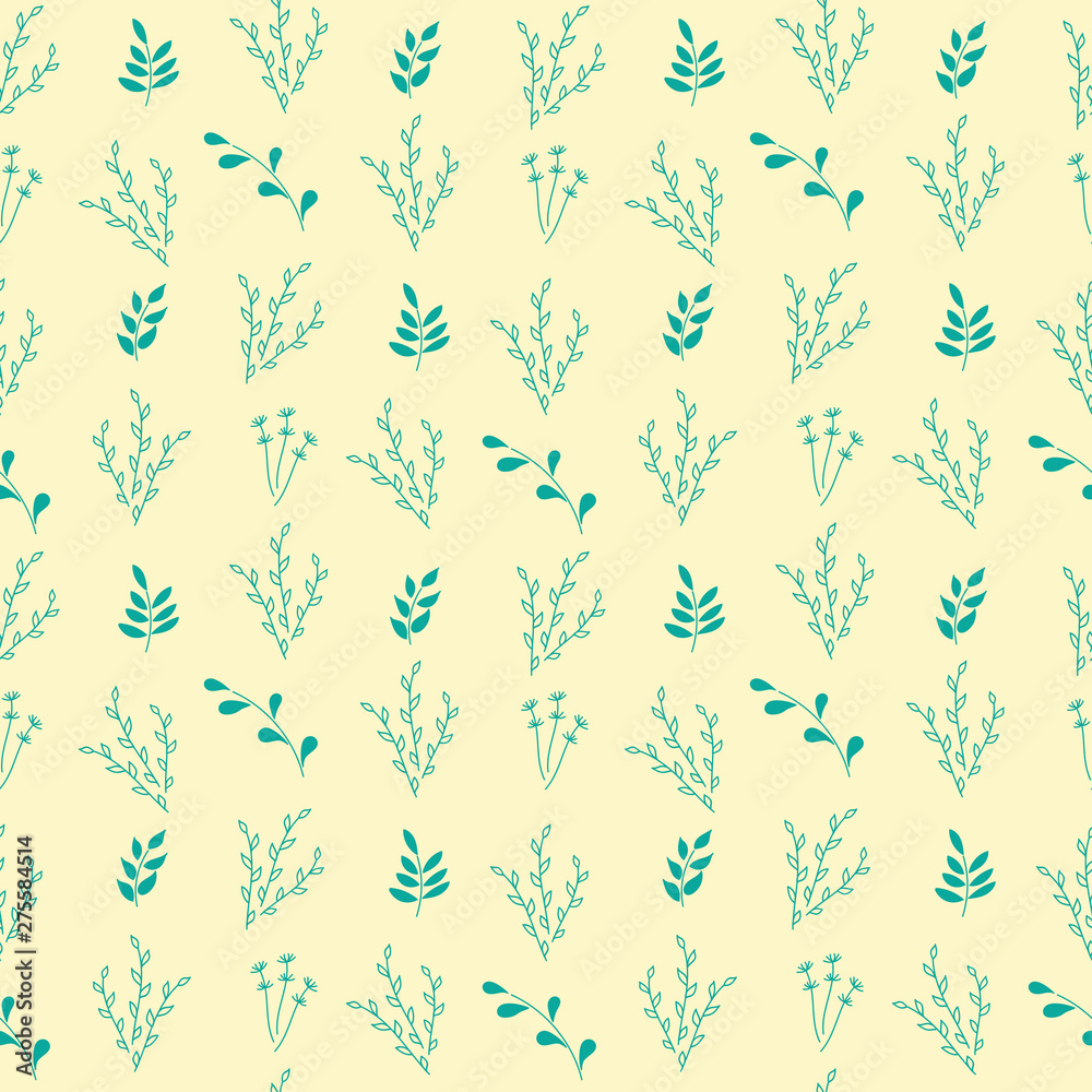 Monochrome. Seamless pattern. Simple flat floral motif . Twigs with leaves. Suitable for fabrics, Wallpapers, album covers, phone cases. Vector