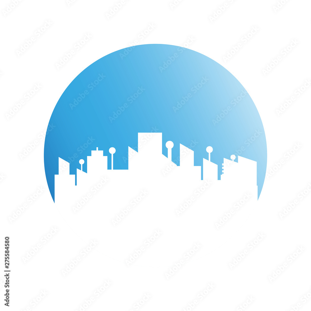 city tower building in blue circle button