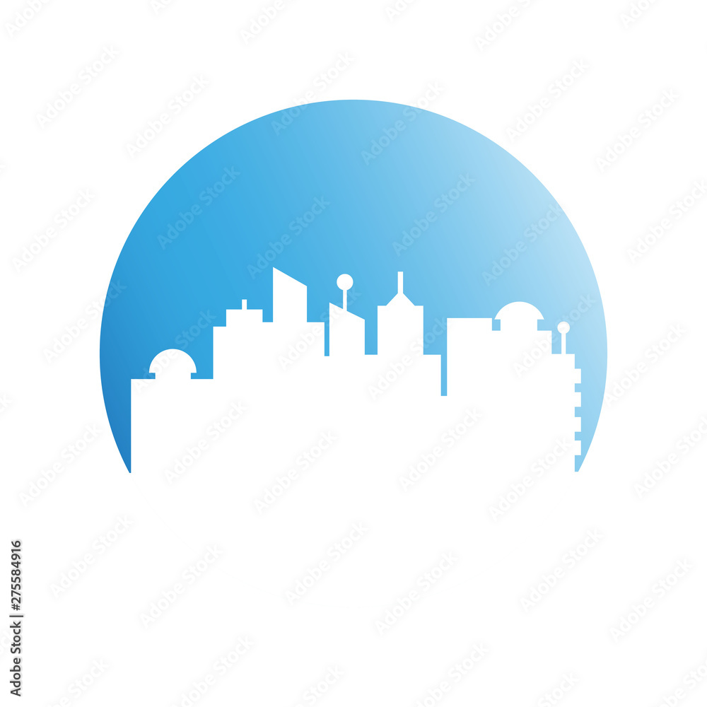 city tower building in blue circle button