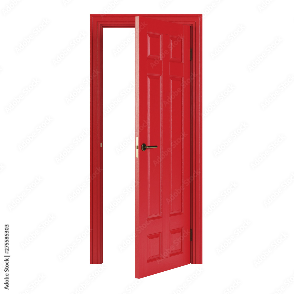 Red interior door isolated on white background. 3D rendering.