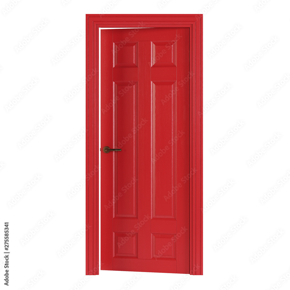 Red interior door isolated on white background. 3D rendering. Red interior door isolated on white background. 3D rendering.
