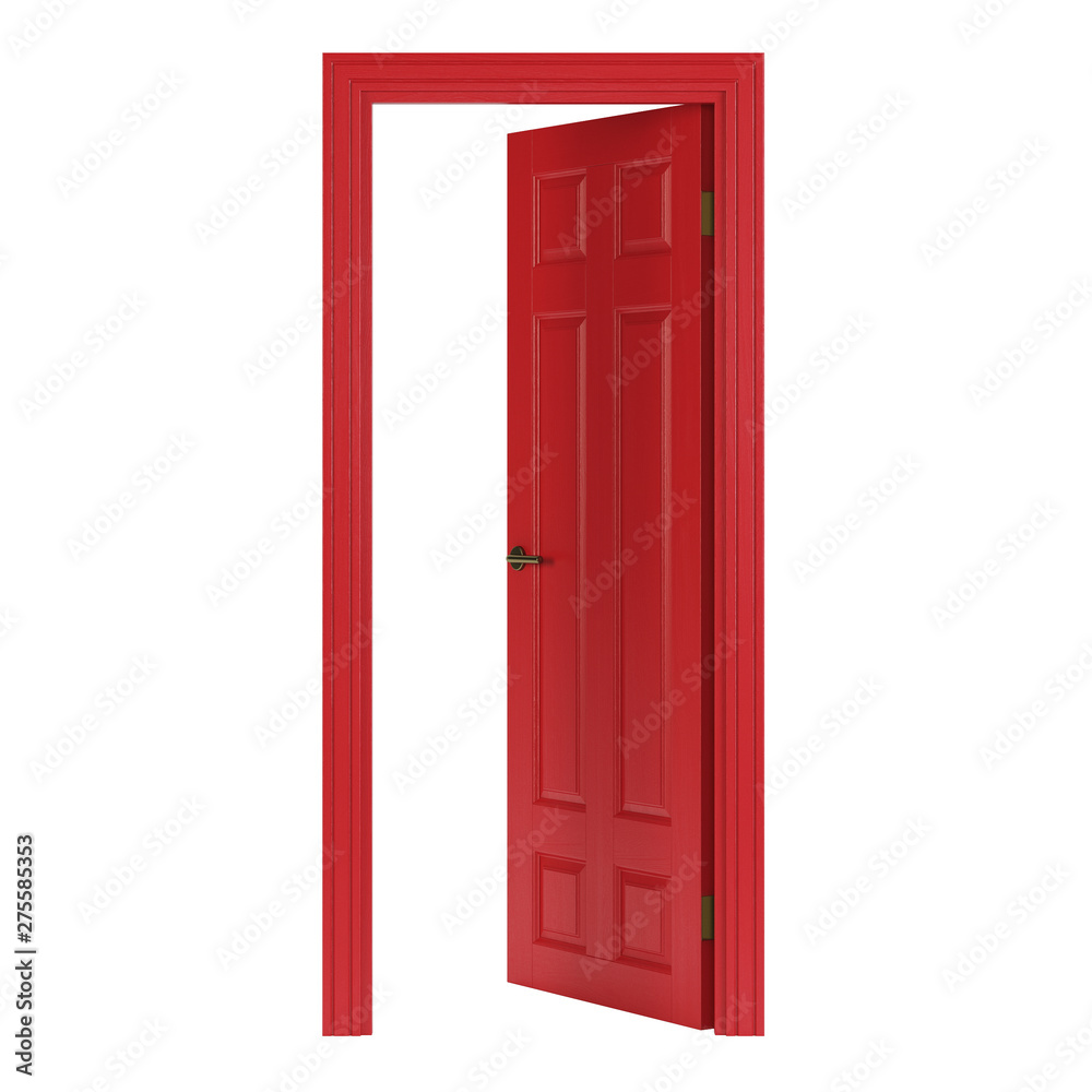 Red interior door isolated on white background. 3D rendering.