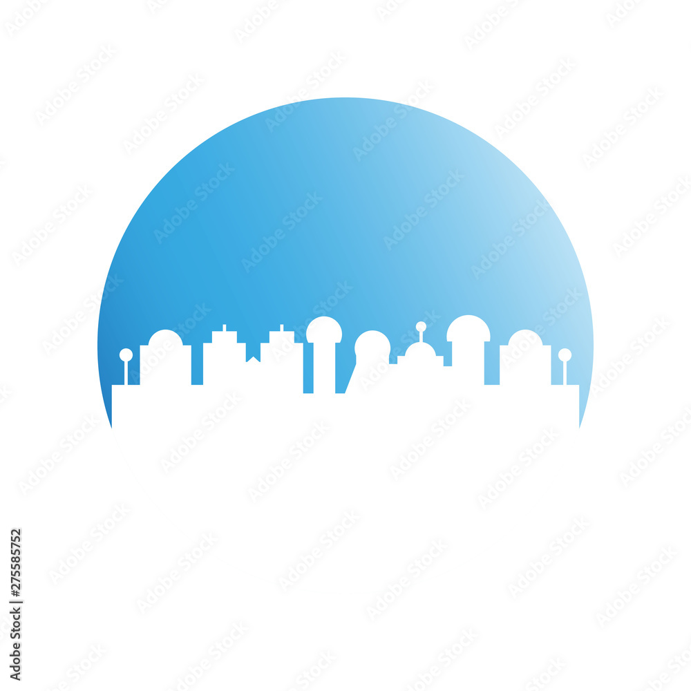 city tower building in blue circle button