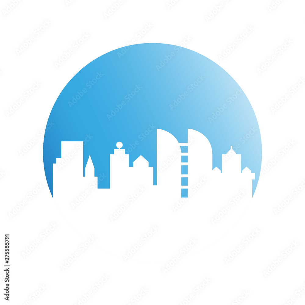 city tower building in blue circle button