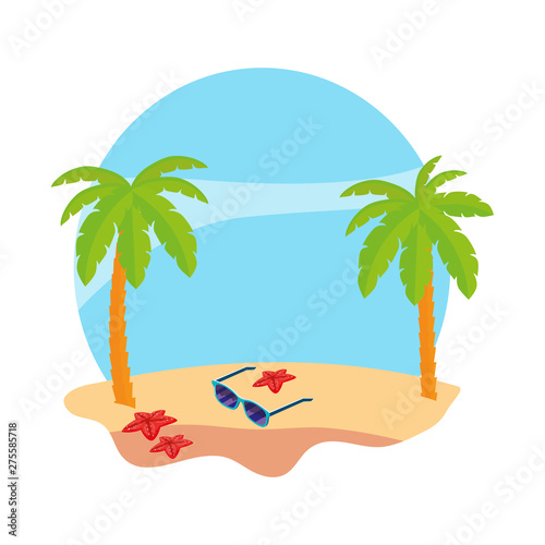 summer beach with palms and sunglasses scene