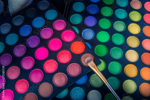  Palette of multicolor cosmetic make up, eye shadow palette, colorful shadows texture in round color circles