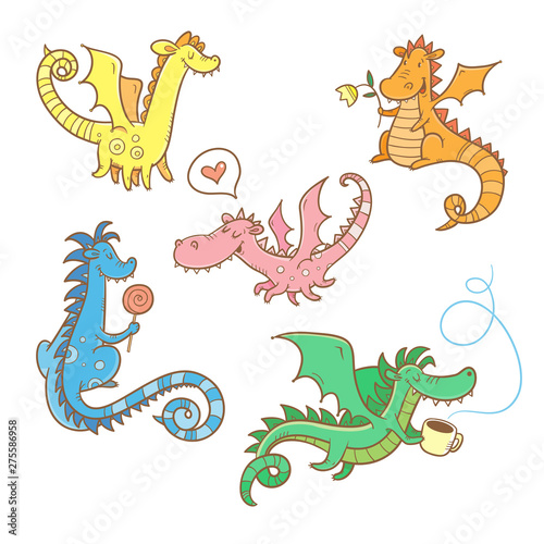 Cartoon dragons set. Cute animals. Vector contour colorful image.